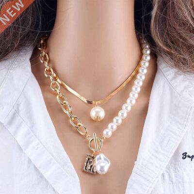 KMVEXO Fashion 2 Layers Pearls Geometric Pendants Necklaces