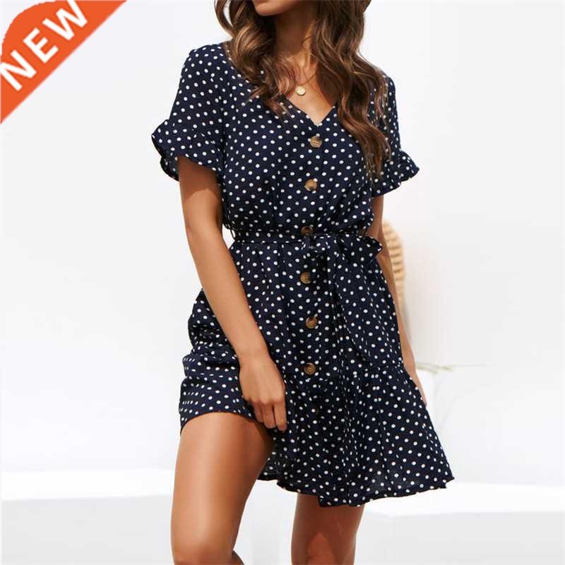 Women Summer Beach Chiffon Dress Casual Short Sleeve Polka D图片