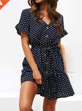 Women Summer Beach Chiffon Dress Casual Short Sleeve Polka D