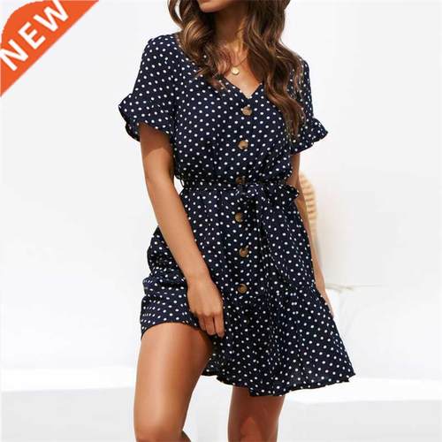 Women Summer Beach Chiffon Dress Casual Short Sleeve Polka D