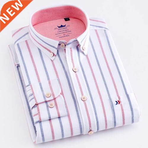 Men's Casual 100% Cotton Oxford Striped Shirt Single Patch P