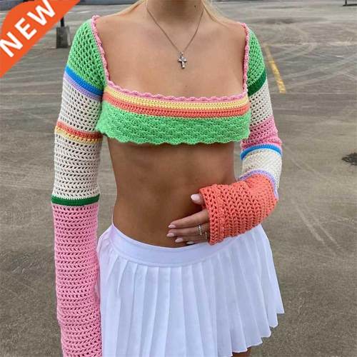 Women Summer Crop Tops Splicing Crochet Square Neck Long Sle