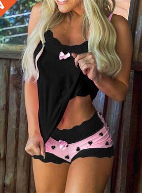 Spaghetti Strap Lace Pajama Set Sleeveless Trim Bowknot Pyja