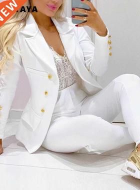 CM.YAYA Women Pants Suits Solid Single Breasted Blazers Tops