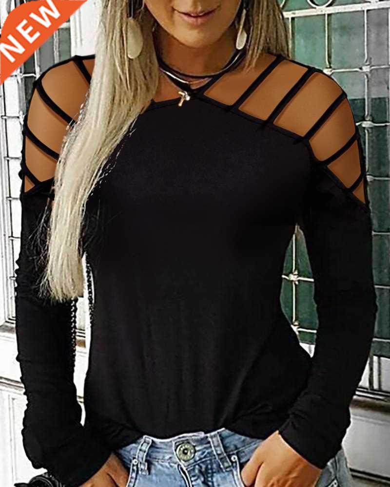 women rivet sequins cold shoulder shirts fashion ladies long