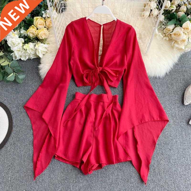 2021 New Summer 2 Piece Outfits For Women Flare Sleeve Crop