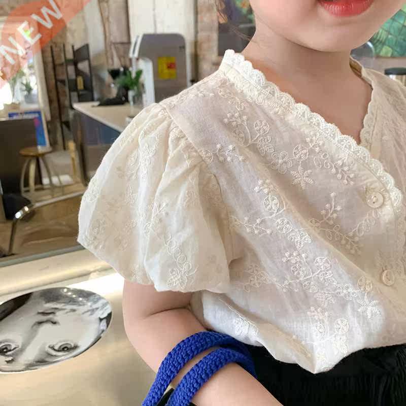 2022 Summer Girls Shirt Lace Collar Kids Tees Puff Sleeve C