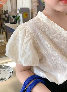 2022 Summer Girls Shirt Lace Collar Kids Tees Puff Sleeve C