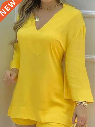 2021 Summer Two Piece Women's Set V-neck Flare Long Sleeve T
