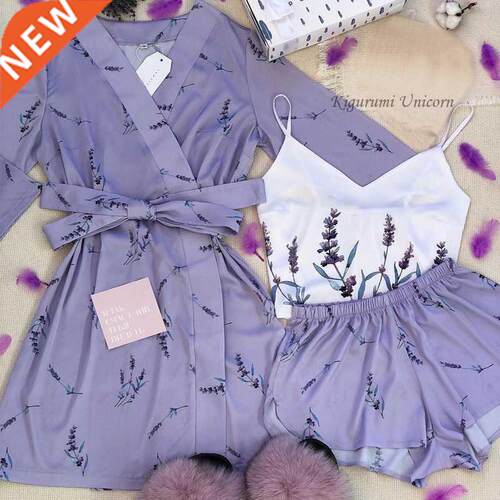 Floral Printed Sleepwear Silk Robe Suit Womens Satin Pajamas