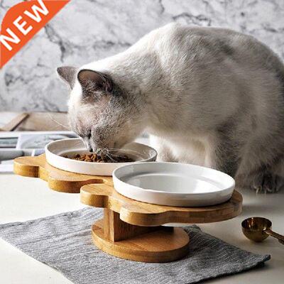 Detachable Pet Ceramics Double Food Bowls Bamboo Holder