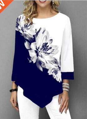 Shirt Blouse Women Spring SummerPrinting O-neck Blouse 3/4 S