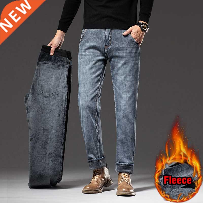 Winter New Men Fleece Warm Jeans Classic Style Business Casu