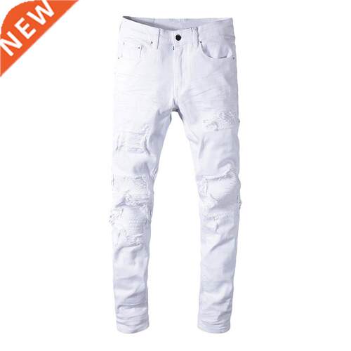 Sokotoo Men's white stch ripped biker jeans Slim ski