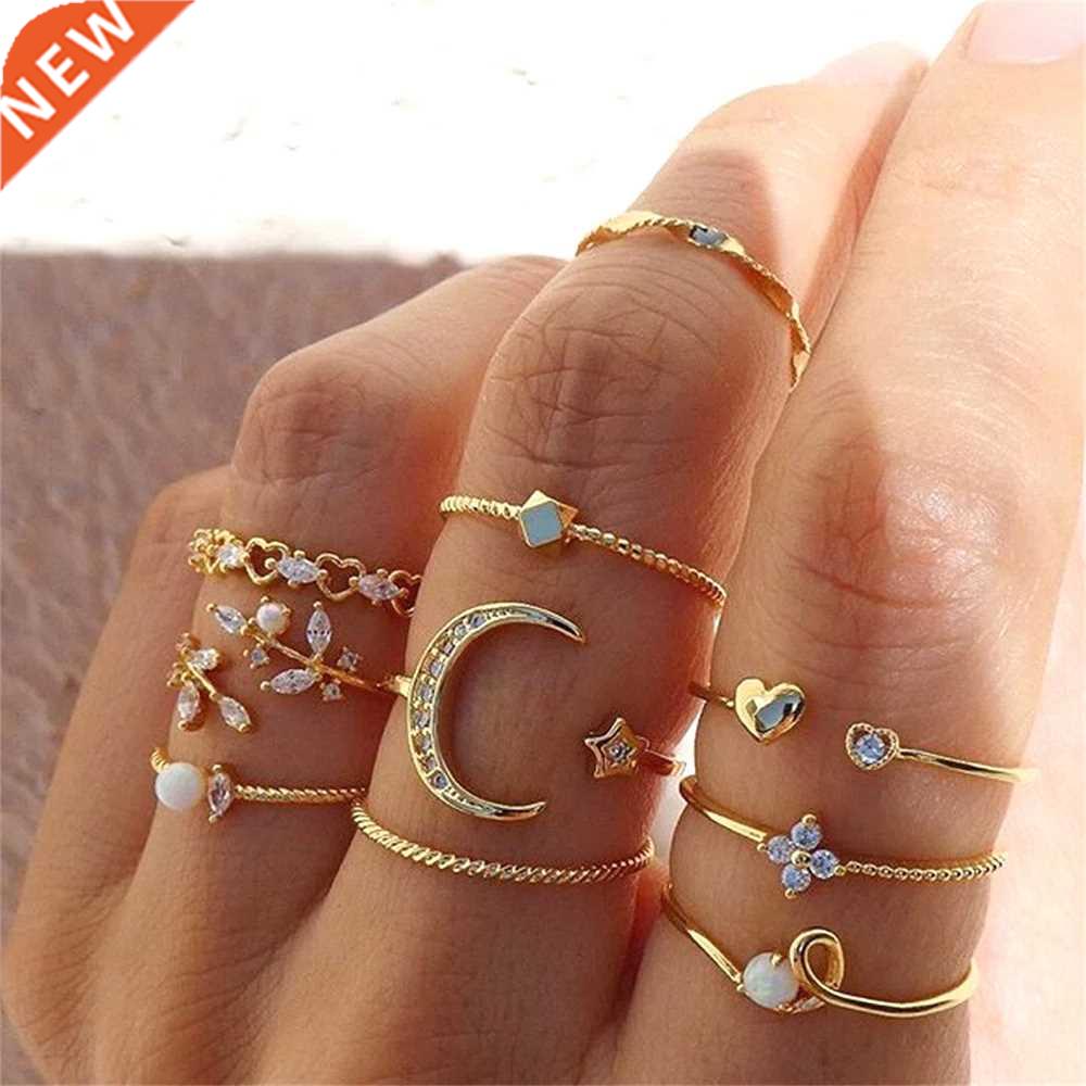 LATS Bohemian Gold Color Chain Rings Set for Women Fashion B