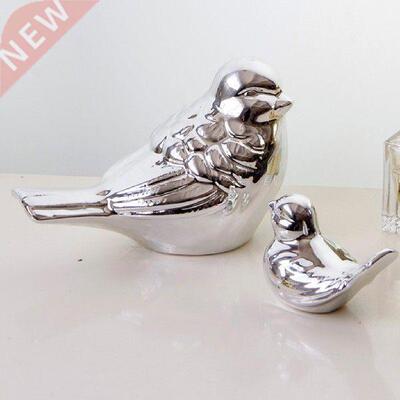 Small Silver Ceramic Chubby Bird Figure Ornaments Animal