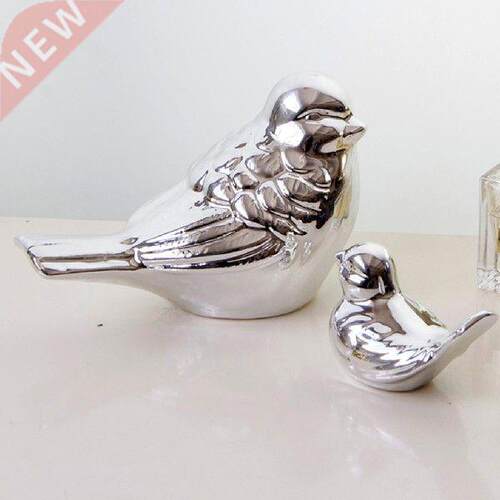 Small Silver Ceramic Chubby Bird Figure Ornaments Animal