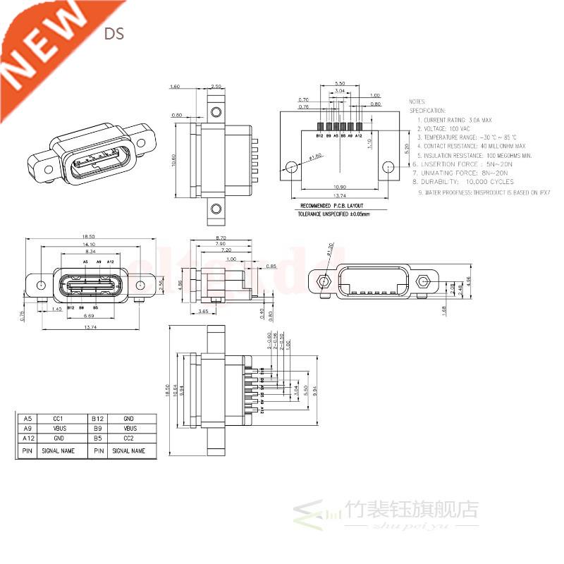 5-50pcs USB .1 Type-C 6Pin Female SMD DIP Connector With Sc