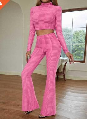 Women Solid Pleated Two Piece Set Autumn Tops And Pants