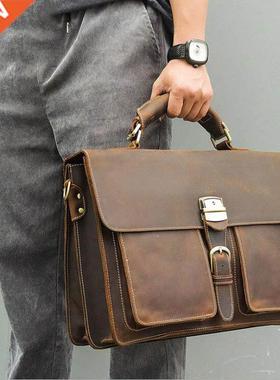 Men Big Briefcase Bag Crazy Horse Leather Man Handbag Genuin