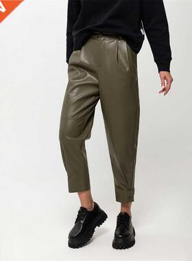 Casual Solid Color Real Pocket Loose Pu Leather Pants Office