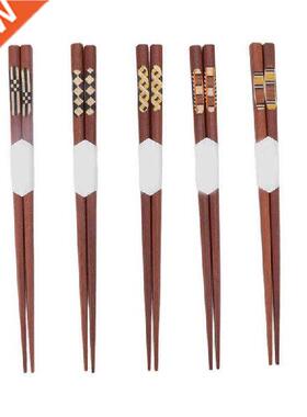5 Pair Wooden Chopsticks Red Sandalwood Grooved Pattern