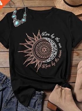 2020 women casual fashion t-shirt letter sun moon print loos