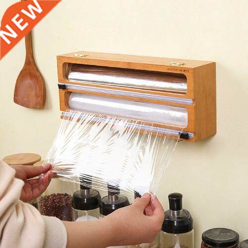 Plastic Wrap Dispenser with Cutter Bamboo Wood Saran Wrap