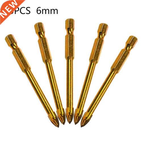 5Pcs Cross Hex Tile Drill Bit Set 6mm Titanium Marble Glass