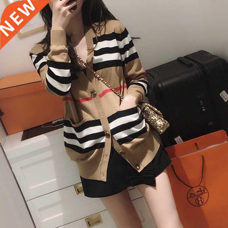 V-neck loose striped sweater thin ladies rench coat Women's