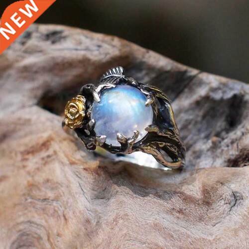 Vintage Moonstone Ring For Women lack Jewelry Gold Flower F