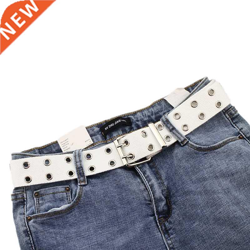 Women Studded Grommet Hole 2 Row Pin Buckle Nylon Belt Wais