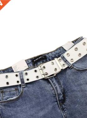 Women Studded Grommet Hole 2 Row Pin Buckle Nylon Belt Wais