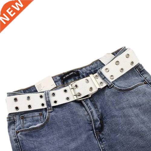 Women Studded Grommet Hole 2 Row Pin Buckle Nylon Belt Wais