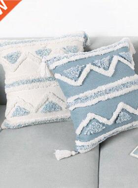 Bohemian Macrame Tufted Tassel Long Throw Pillow Case Blue