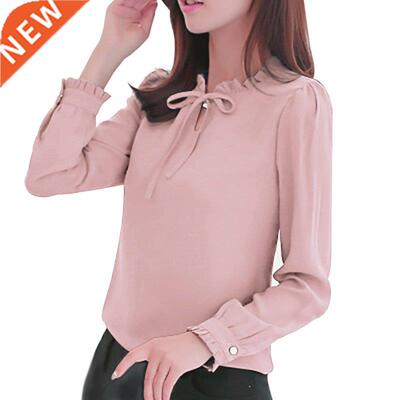 Autumn Women Shirts Long Sleeve Stand Collar Bow Blouses Ele