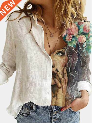 Loose Retro Digital Portrait Printing Women's Shirt