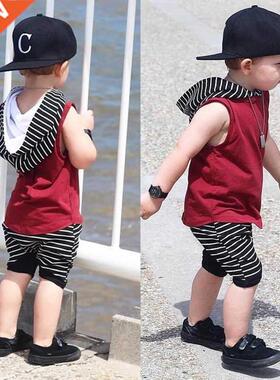 2 pieces Sleeveless Hooded T-shirt and Striped Shorts For Bo