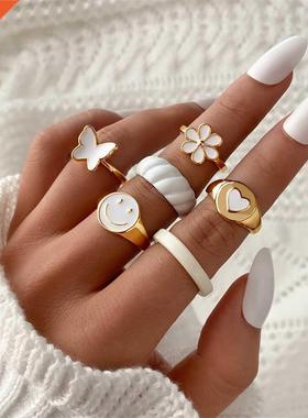 Vntage Heart Smle Rngs Set for Women Love Enamel Rng Set