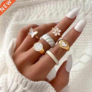 Vntage Heart Smle Rngs Set for Women Love Enamel Rng Set