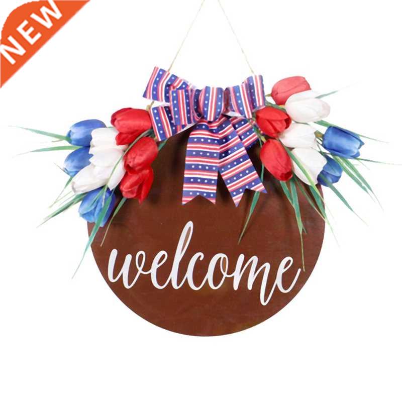 Tulip Wreath Welcome Sign for Front Porch - Rustic Wooden Do