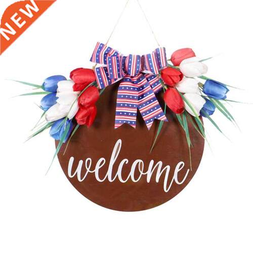 Tulip Wreath Welcome Sign for Front Porch - Rustic Wooden Do