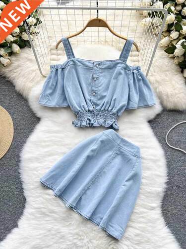 SINGREINY Denim Women Backless Summer Set Off Shoulder Ruche