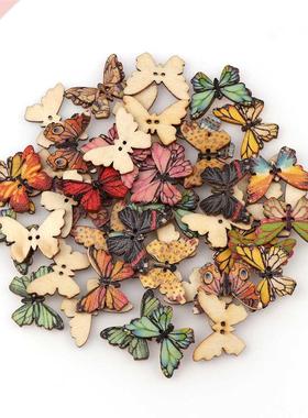50PC 2 Holes 3 Size Colorful Butterfly Wooden Buttons Fit Se