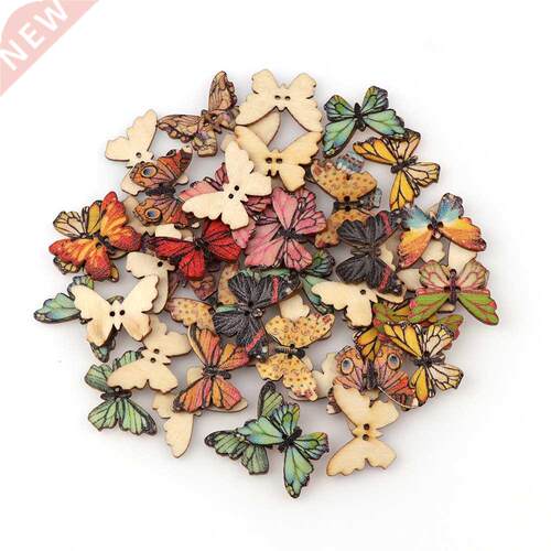 50PC 2 Holes 3 Size Colorful Butterfly Wooden Buttons Fit Se