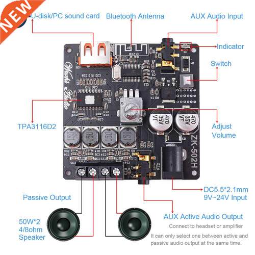 HIFI Bluetooth Audio Stereo Module BLE5.0 TPA3116D2 50W+50W