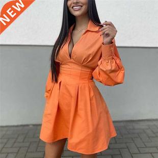 Casual Woman Orange Slim Hollow Out Shirt Dress 2021 Spring