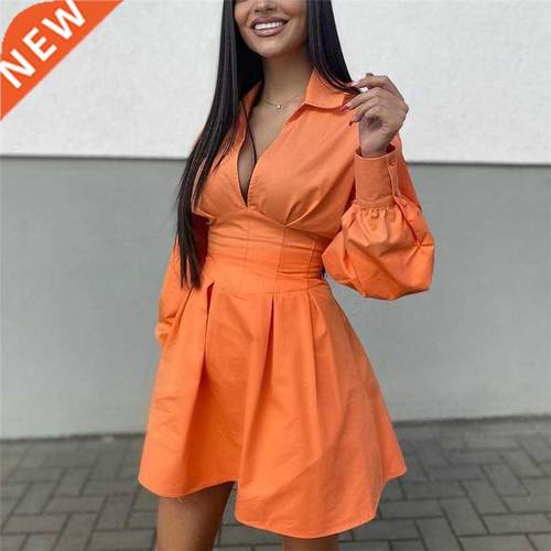 Casual Woman Orange Slim Hollow Out Shirt Dress 2021 Spring