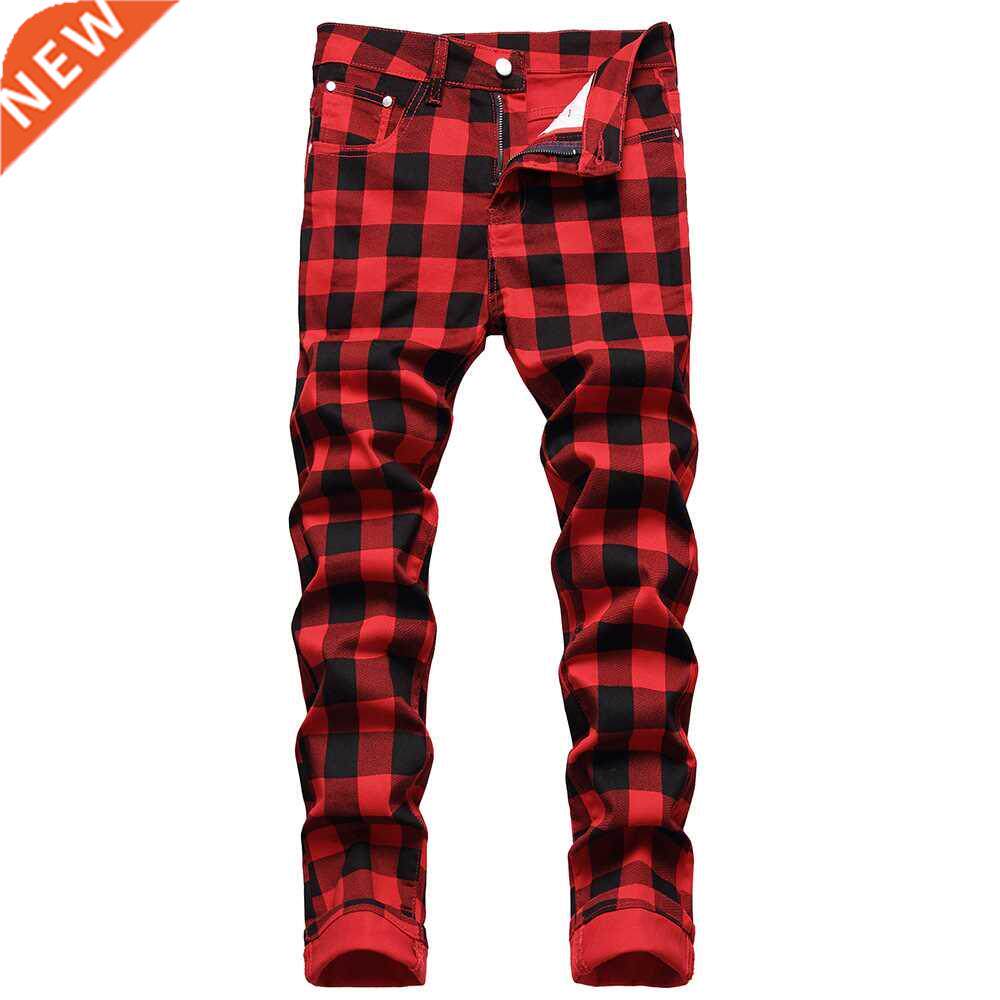 Men Red Plaid Printed Pants Fashion Slim Sretch Jeans rendy