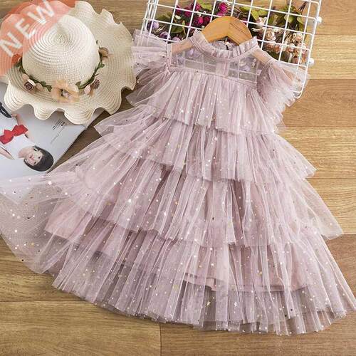 Girls Princess Mesh Layers Cake Dresses For Kids Sequin Eleg
